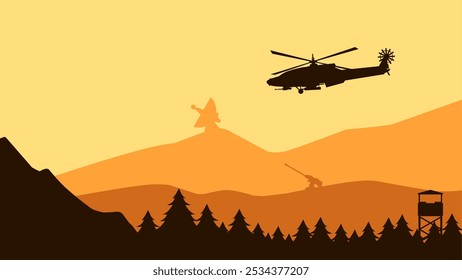 Ilustração de paisagem de helicóptero militar voando acima da floresta