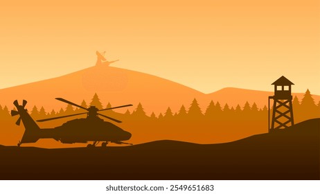 Ilustração de paisagem de helicóptero militar e torre de vigia