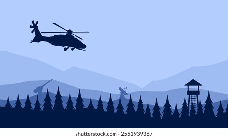 Ilustração de paisagem de helicóptero militar e torre de vigia