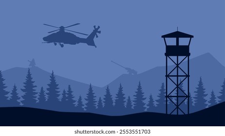 Landscape illustration of military helicopter and watchtower