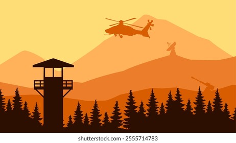 Landscape illustration of military helicopter and watchtower