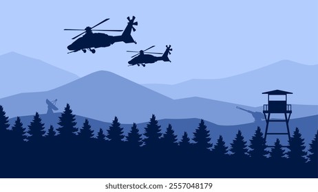 Landscape illustration of military helicopter and watchtower