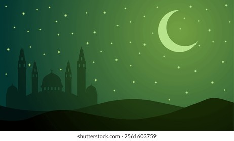 Landscape illustration of mosque with crescent moon and starry sky