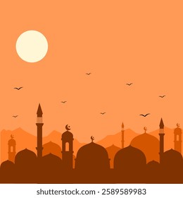 Landscape illustration of mosque in the desert. Mosque simple art. Ramadan kareem. Can be used for wallpaper and greeting card