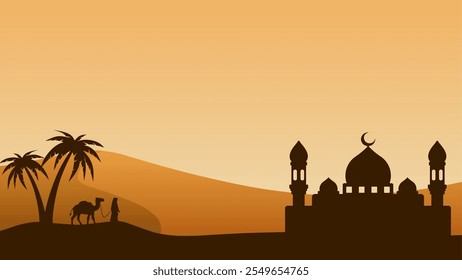 Landscape illustration of mosque silhouette and muslim traveler with camel