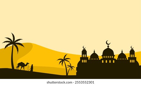 Landscape illustration of mosque silhouette and muslim traveler with camel