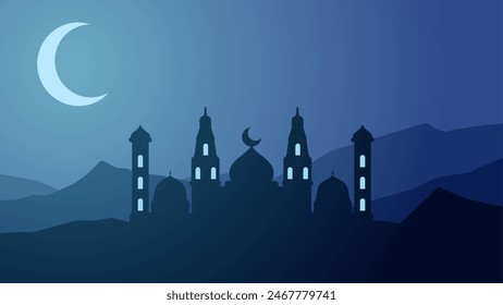 Landscape illustration of mosque silhouette at night with crescent