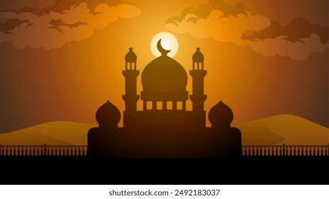 Landscape illustration of mosque silhouette in the sand desert