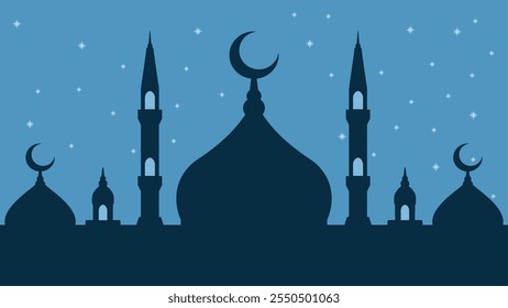 Ilustração da paisagem da silhueta da mesquita no céu noturno estrelado