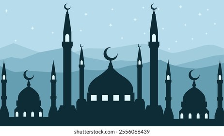 Landscape illustration of mosque silhouette in starry night sky