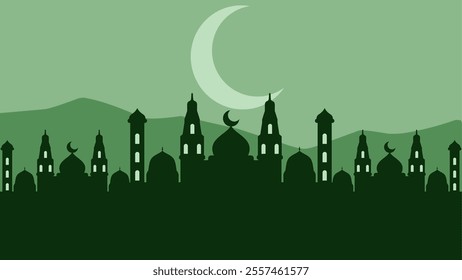 Landscape illustration of mosque silhouette in starry night sky