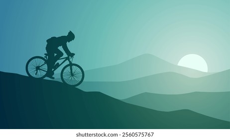 Landscape illustration of a mountain biker silhouette with shiny sky