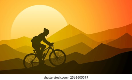 Landscape illustration of a mountain biker silhouette with sunset sky