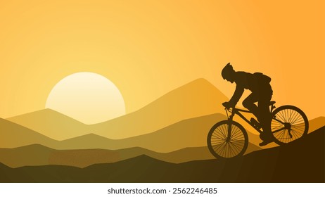 Landscape illustration of a mountain biker silhouette in the morning