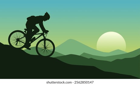 Landscape illustration of a mountain biker silhouette in the morning