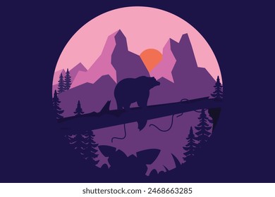 landscape illustration of mountain forest peaks, with a silhouette of a bear crossing a fallen tree
