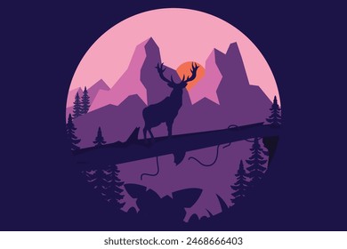 landscape illustration of mountain forest peaks, with a silhouette of a deer crossing a fallen tree