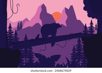  landscape illustration of mountain forest peaks, with a silhouette of a bear crossing a fallen tree