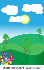 landscape illustration mountain hills and butterfly