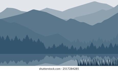 Ilustração de paisagem de montanha com lago e árvores coníferas