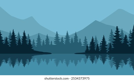 Landscape illustration of mountain with lake and coniferous trees