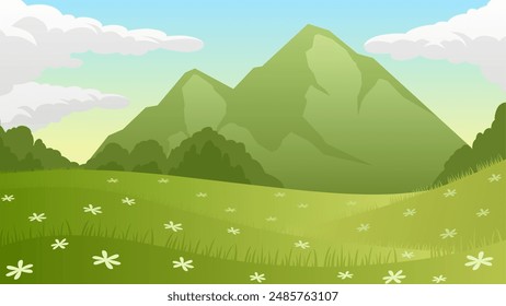 Ilustración de paisaje de prado de montaña en temporada de primavera