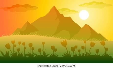 Landscape illustration of mountain meadow in spring season