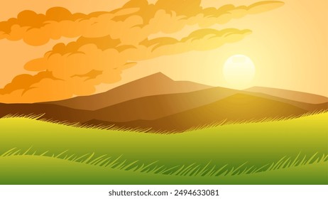 Landscape illustration of mountain meadow in summer sunrise