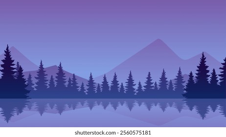 Landscape illustration of mountain and pine forest with serene lake