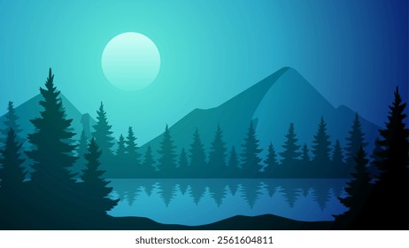 Landscape illustration of mountain and pine forest with serene lake