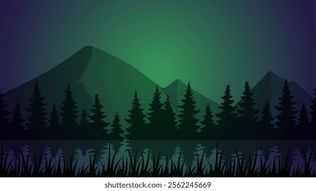 Landscape illustration of mountain and pine forest with serene lake