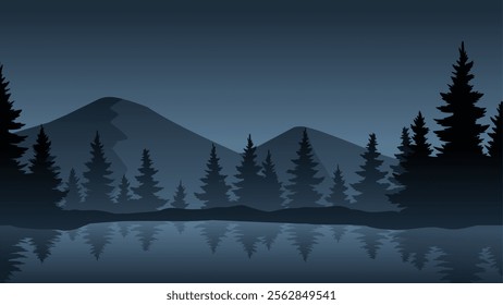 Landscape illustration of mountain and pine forest with serene lake