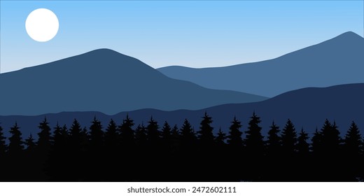 Una cordillera ilustrada con una Grande luna en el cielo. Las montañas son oscuras y el cielo es azul. con silueta de árbol