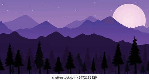 Una cordillera con un cielo púrpura y una luna Grande. Las montañas están cubiertas de árboles y el cielo está lleno de estrellas. La luna es Grande y brillante