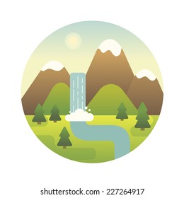 Landscape illustration. Mountain river and waterfall. Flat design icon.
