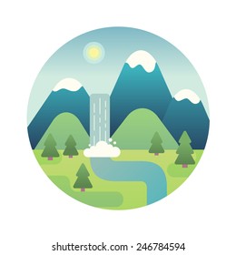 Landscape illustration. Mountain river and waterfall. Flat design icon.