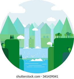 Landscape illustration. Mountain river, waterfall, mountains, hills, and clouds. Flat design vector.