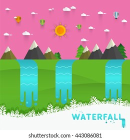Landscape illustration. Mountain river, waterfall, mountains, hills, and clouds. Flat design vector