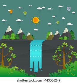 Landscape illustration. Mountain river, waterfall, mountains, hills, and clouds. Flat design vector