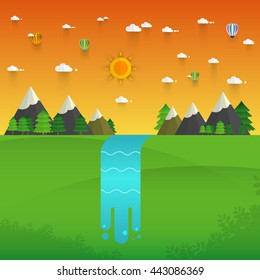 Landscape illustration. Mountain river, waterfall, mountains, hills, and clouds. Flat design vector