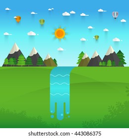 Landscape illustration. Mountain river, waterfall, mountains, hills, and clouds. Flat design vector