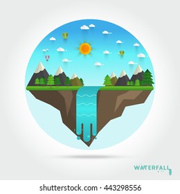 Landscape illustration. Mountain river, waterfall, mountains, hills, and clouds. Flat design vector