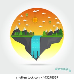 Landscape illustration. Mountain river, waterfall, mountains, hills, and clouds. Flat design vector