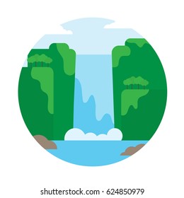 Landscape illustration. Mountain waterfall. Flat design icon.