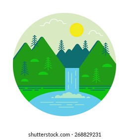 Landscape illustration. Mountain waterfall and lake. Flat design icon.