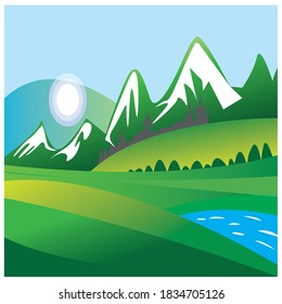 landscape illustration mountains green field vector design background