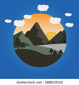 Landscape illustration of mountains, hills, and clouds. flat design vector.