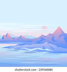 Landscape illustration, mountains nature background in light violet colors
