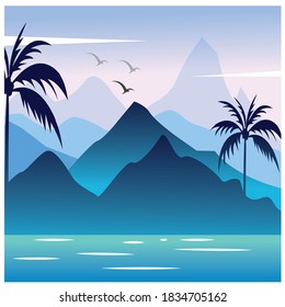 landscape illustration of mountains and sea of ​​trees. with colorful vector design background	