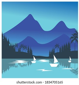 landscape illustration of mountains and sea of ​​trees. with colorful vector design background	